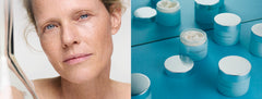 En åben ansigtscreme til højre og en model med creme på kinden til venstre